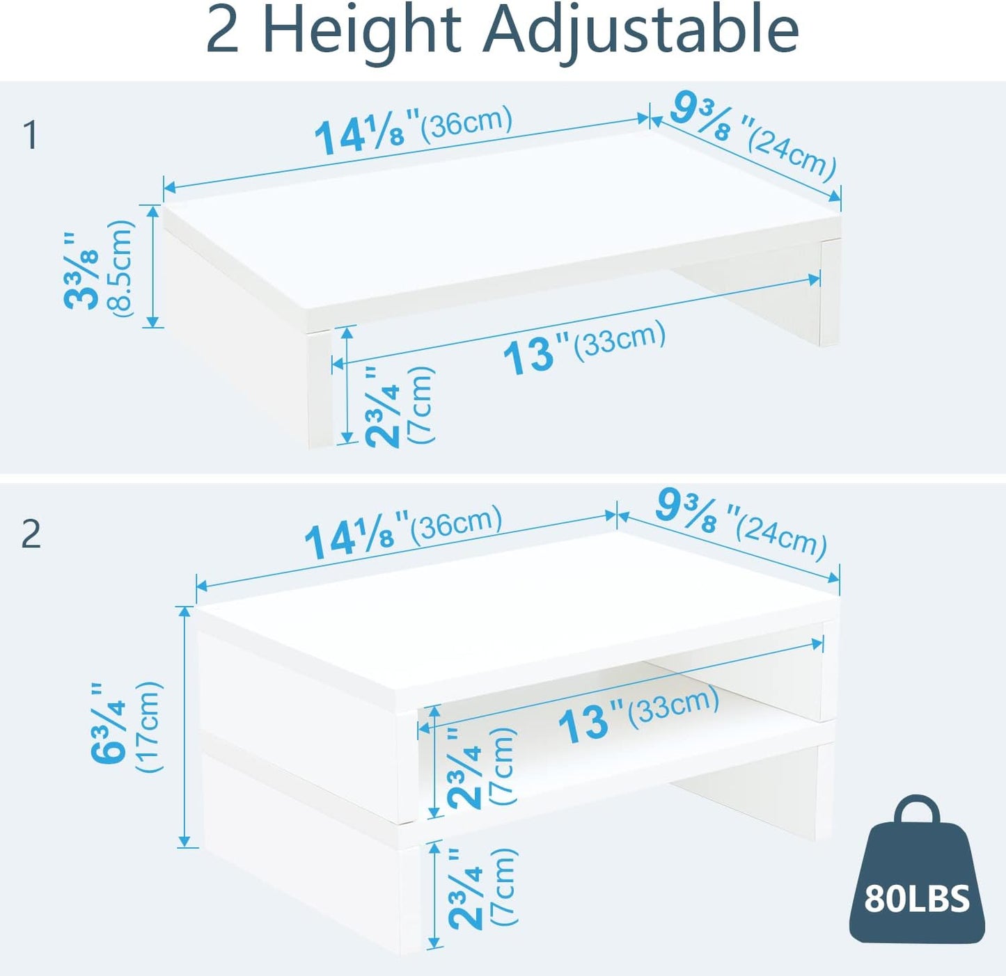 2 Pack, 2 TEAMIX White Monitor Stand Riser - Wood Tier Adjustable Dual Monitor Riser for Laptop/PC Computer Stand