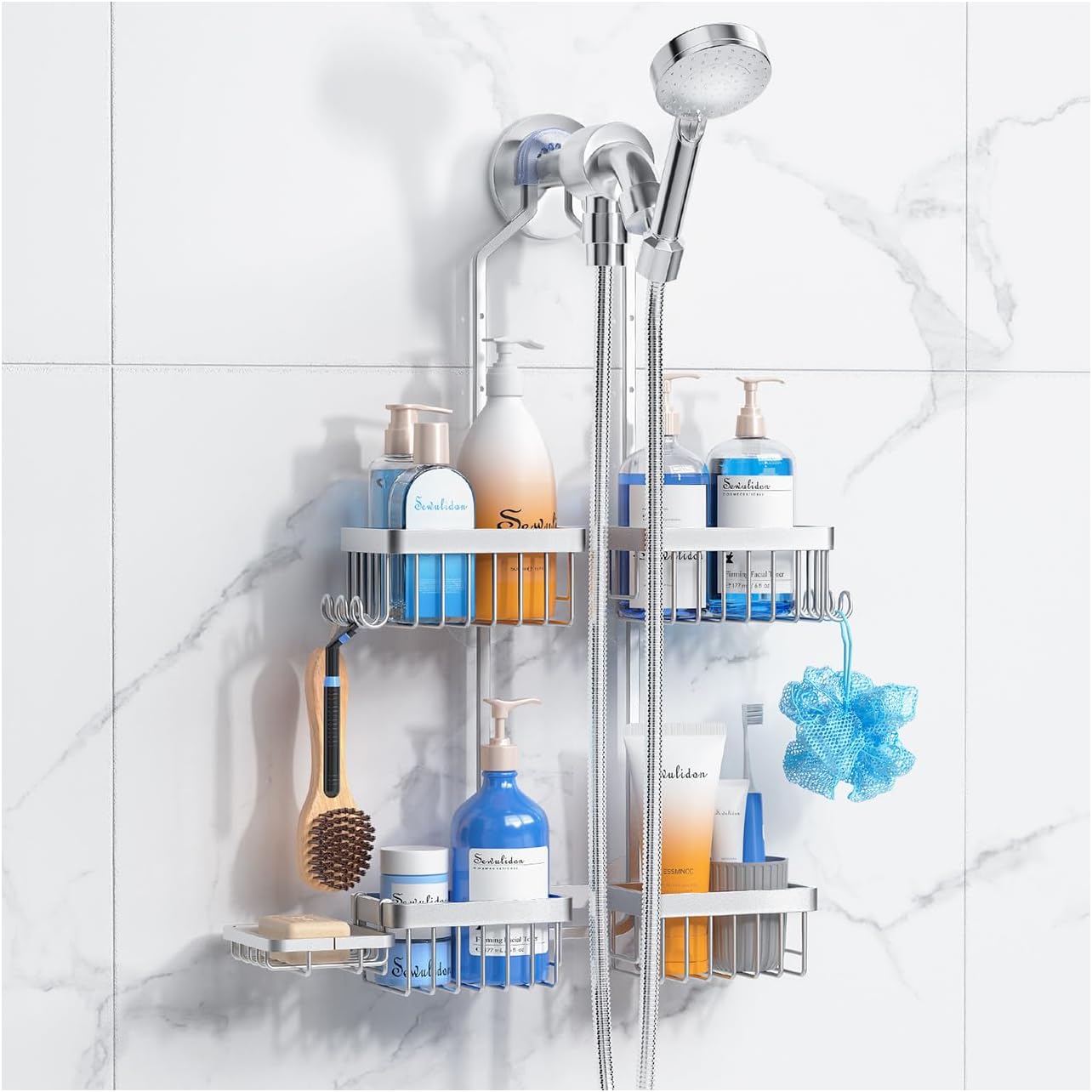 Sewulidon Aluminum Alloy Shower Caddy - Rustproof Hanging Organizer with Adjustable Height & Hooks