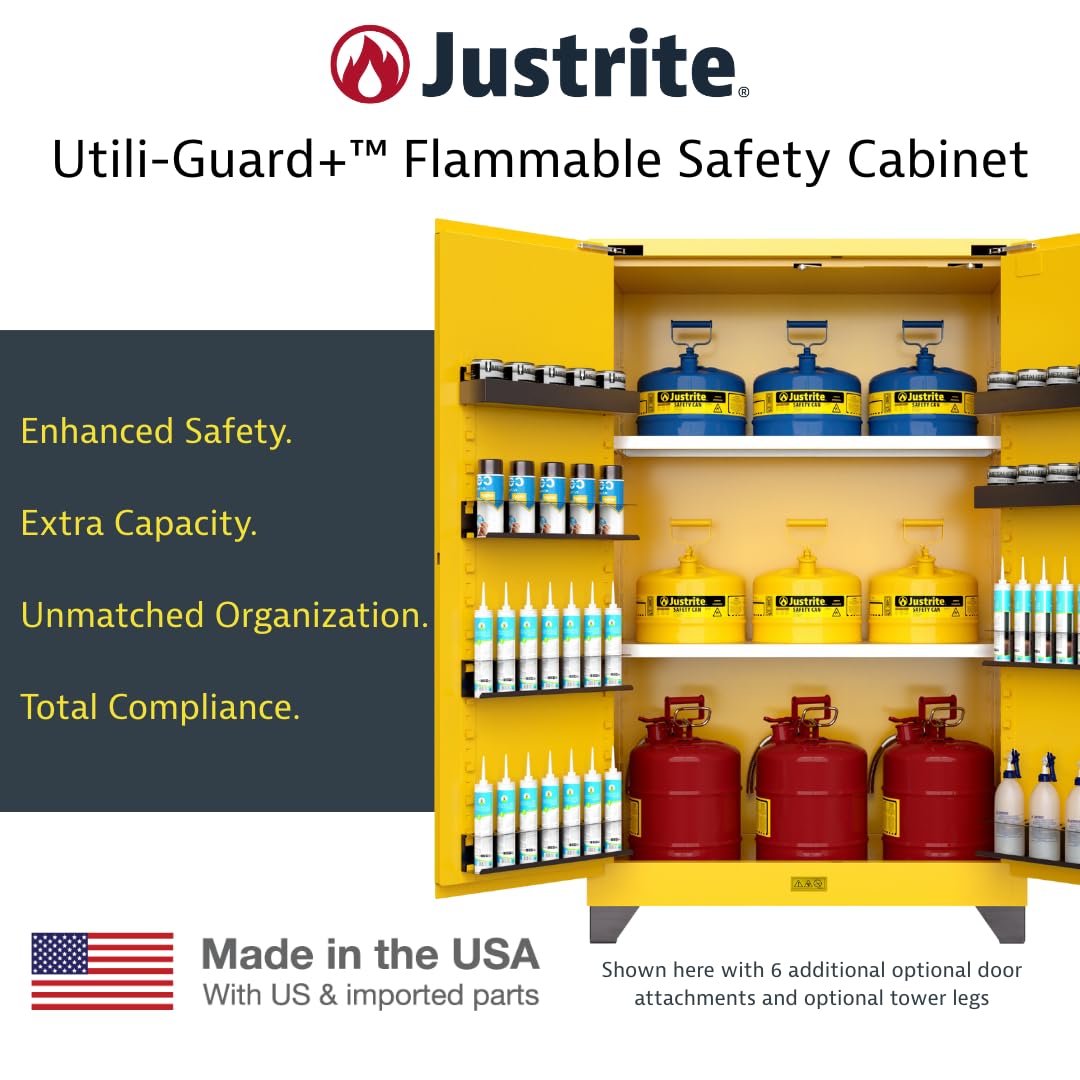 Justrite Utili-Guard 30 Gallon Self Close Flammable Storage Cabinet with 2 Shelf Accessories - 18 Gauge Steel - 2 Door Fire Cabinet - 44" x 43" x 22" - Made in The USA - Yellow - U893020