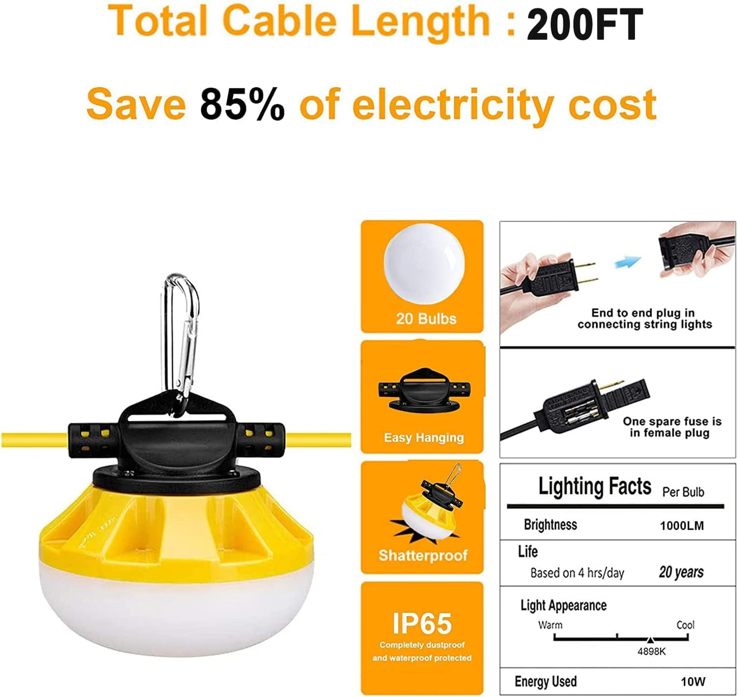 200FT Construction LED String Lights, Industrial Grade Best for Construction Sites, Renovation, Patio, Mine cave, Outdoor, and Other Outdoor Lighting Solutions Use, with Hook (200FT -20 Lights)