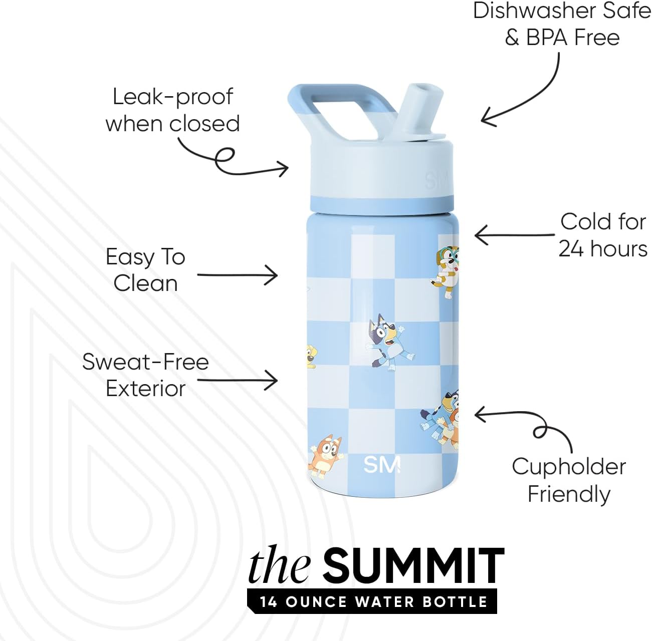 Simple Modern Kids Summit Water Bottle - Insulated 14oz Stainless Steel Tumbler with Straw Lid | Bluey Checkmate