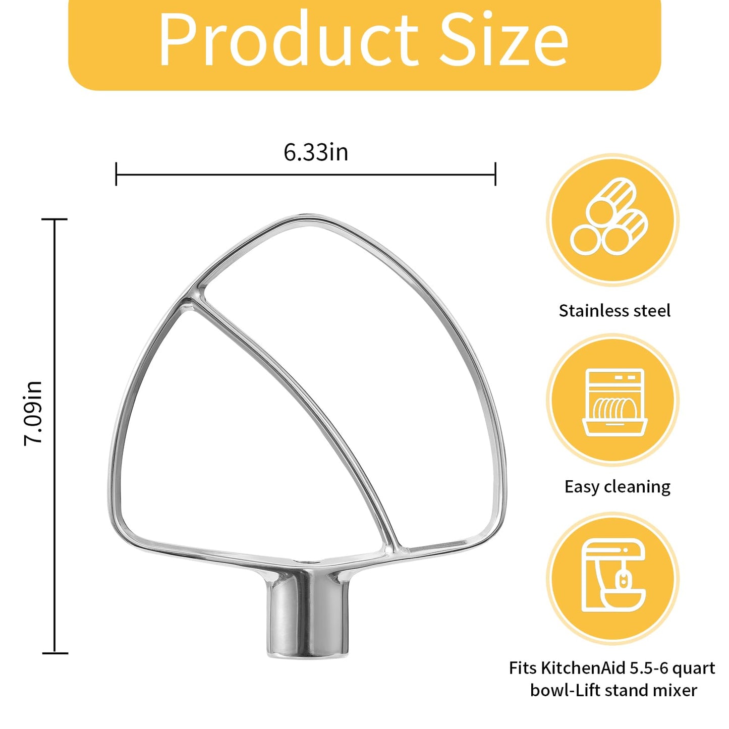 6 QT Flat Beater for KitchenAid Mixer, Stainless Steel Flat Beater Attachment for KitchenAid 5.5-6 Quart Bowl-Lift Stand Mixers, Fits Models KV25G0X, KP26M1X, Pro 600 Series