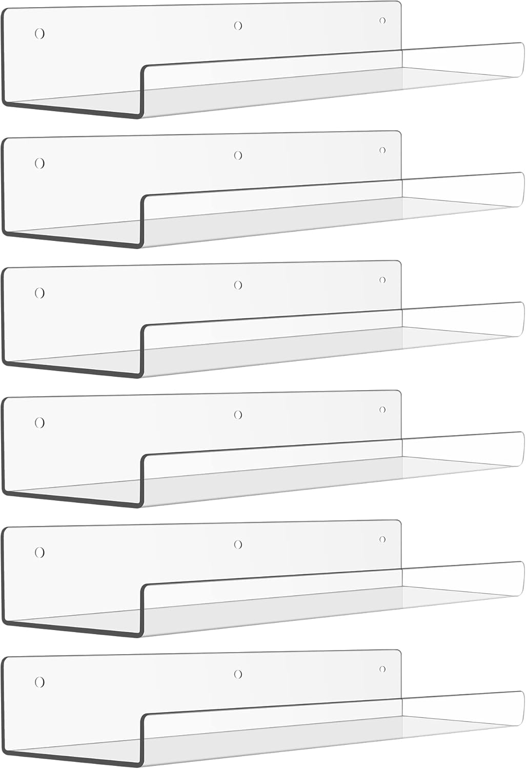 Upsimples 6 Pack Acrylic Floating Shelves - 15" x 4" Wall Storage for Kids' Rooms, Clear Display Organizers