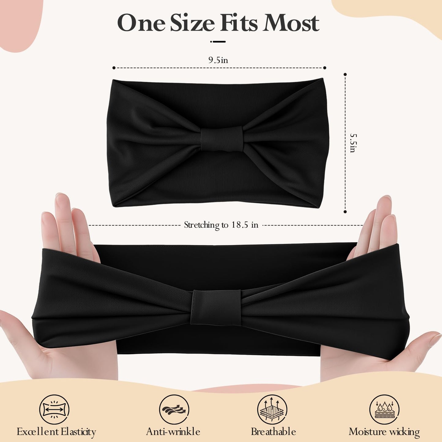 HSEM Headbands for Women, Wide Elastic Head Bands, Non-Slip Thick Hair Bands, Sports Stretchy Sweat Bands, Large Knotted Soft Headband for Washing Face, Makeup, Workout, Spa, Fashion, 6-Pack Black