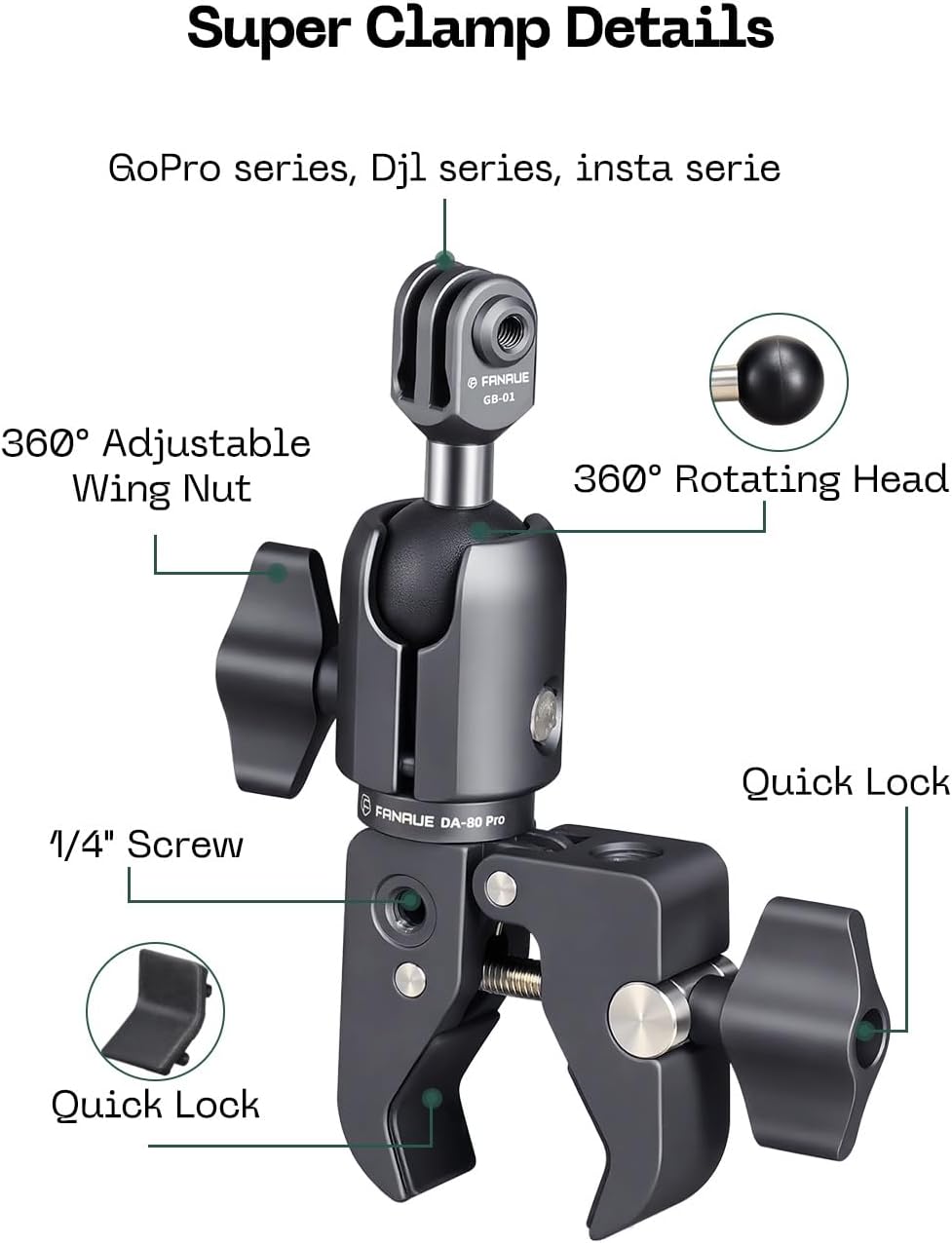 FANAUE 1" Action Camera Universal Ball Adapter with Handlebar Base Mount Strong Rod Clamp,B Size Ball Compatible Gopro