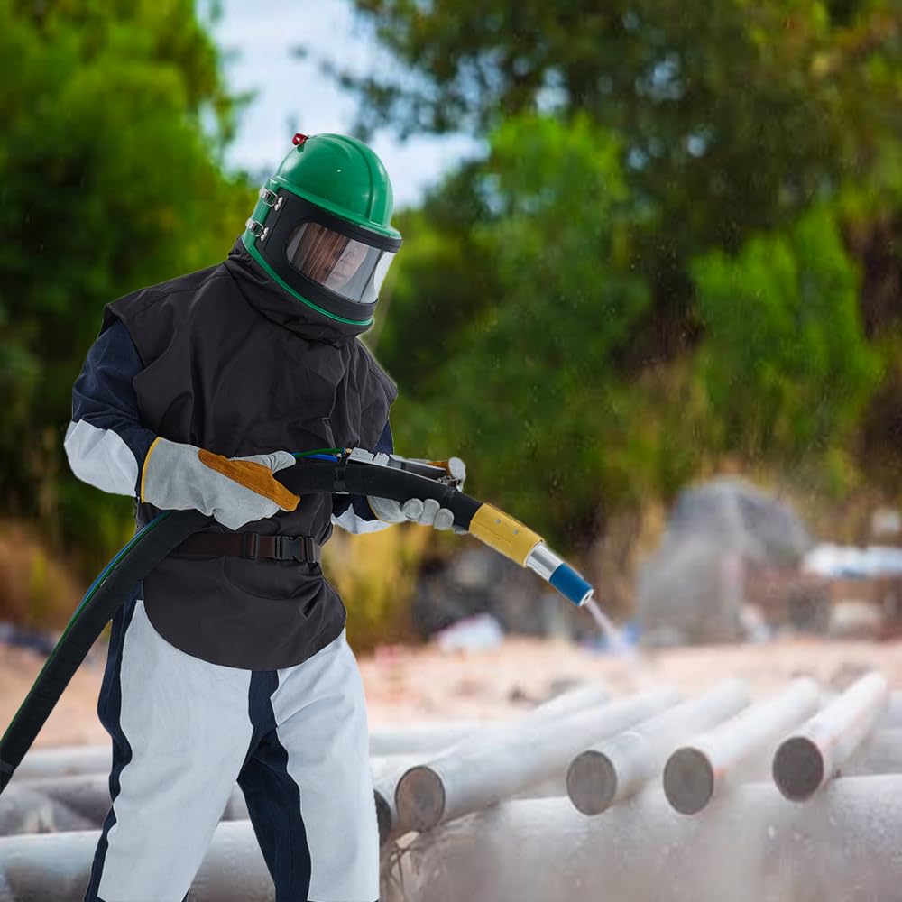 Professional Green Sandblasting Hood 5 Replaceable Lenses, Dustproof Sandblaster Helmet, Fits Protective Suits Ideal for Sandblasting, Spraying, Grinding, Cutting, DIY Painting, Wood