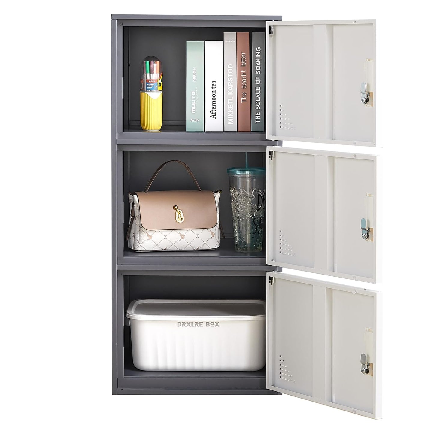 FURSTEL Student Locker Organizer, Multi-Door Steel Locker, Small Locking Cabinet Storage Organizer, Office File Cabinet, Home Locker, Gym Locker, Metal Storage Locker (3 Door, Gray & White)
