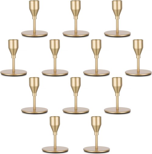 Candeldo Gold Taper Candle Holders - Elegant Metal Centerpiece Set of 12 for Weddings & Christmas Decor