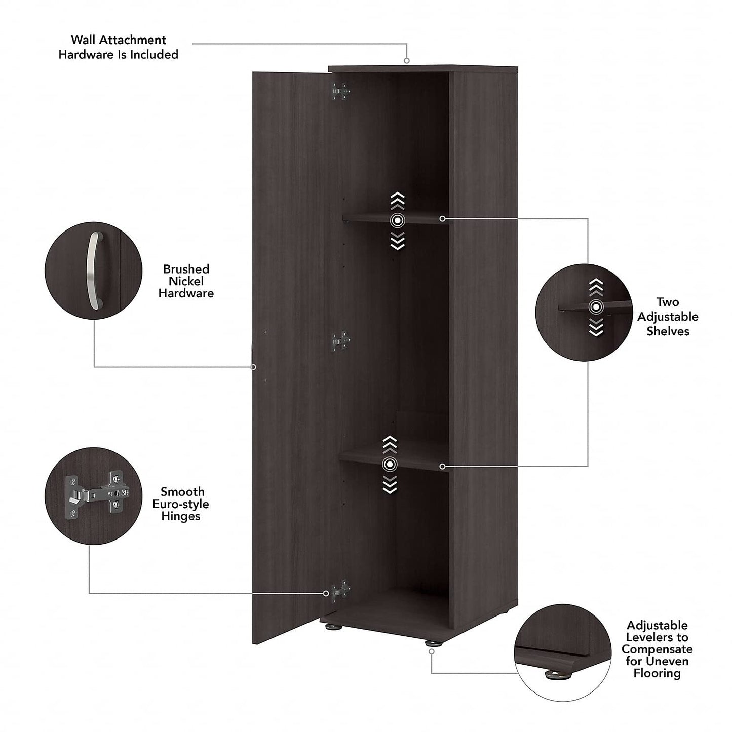 Bush Business Furniture Universal Tall Narrow Storage Cabinet with Door and Shelves in Storm Gray