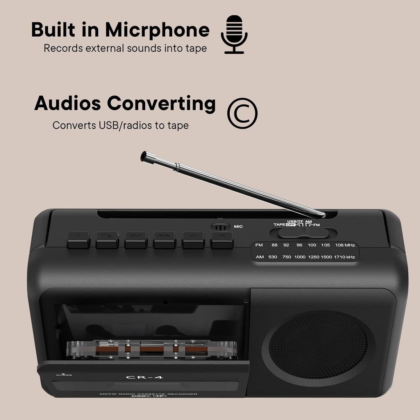 Kuephom Cassette MP3 Portable Tape Player Recorder,Boombox Radios Convert AM/FM and to Tapes,Builtin Microphone