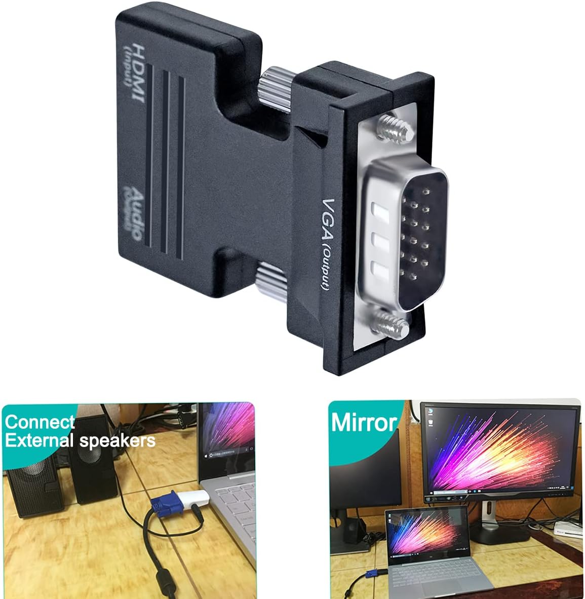 DTECH 3.5mm 1080P Directional HDMI to VGA Adapter with Audio Port (Laptop HDMI Source Output to VGA TV) for Old