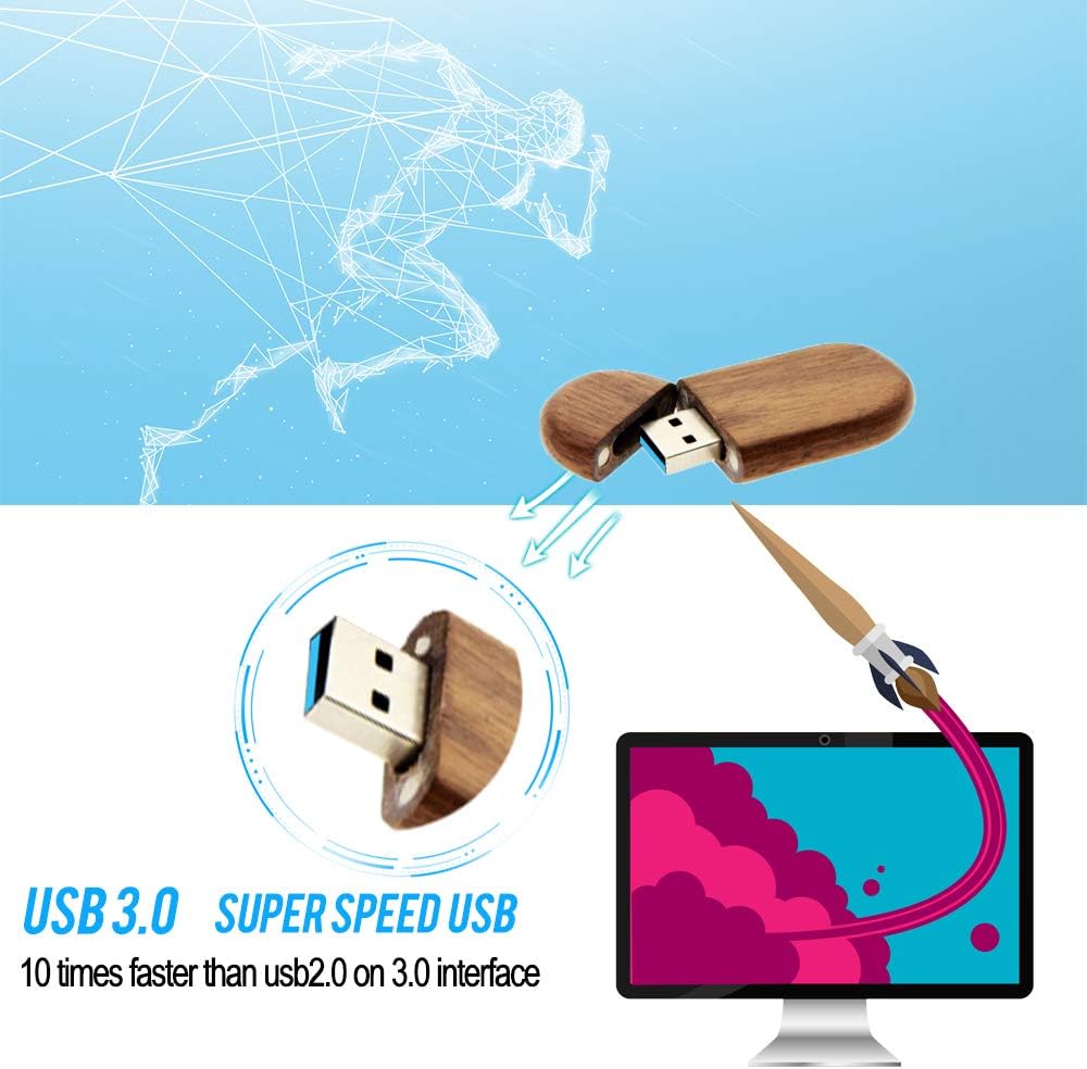 FEWINA 64GB USB3.0 64G 3.0 Oval Wood Flash Drive Box, Wooden USB Drive USB Super-Speed Thumb Drive Jump Drive Ideal