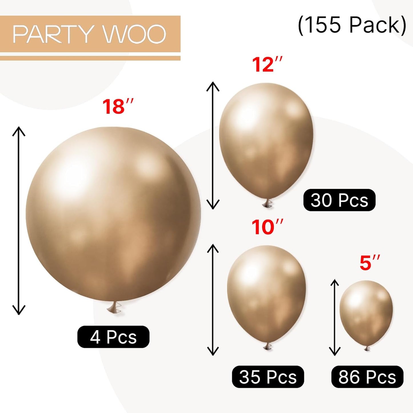 PartyWoo Metallic Gold Balloon Arch Kit - 154pcs Chrome Balloons in 5-18 Inch Sizes for Celebrations