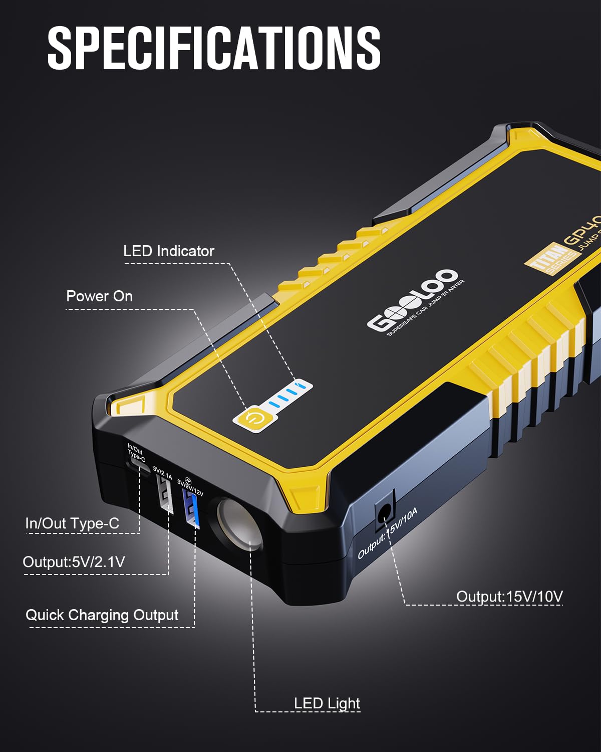 GOOLOO GP4000 Jump Starter 4000A Peak Car Starter (All Gas,up to 10.0L Diesel Engine) SuperSafe 12V Lithium Jump Box,Auto Battery Booster Pack,Portable Power Pack with USB Quick Charge and Type C Port