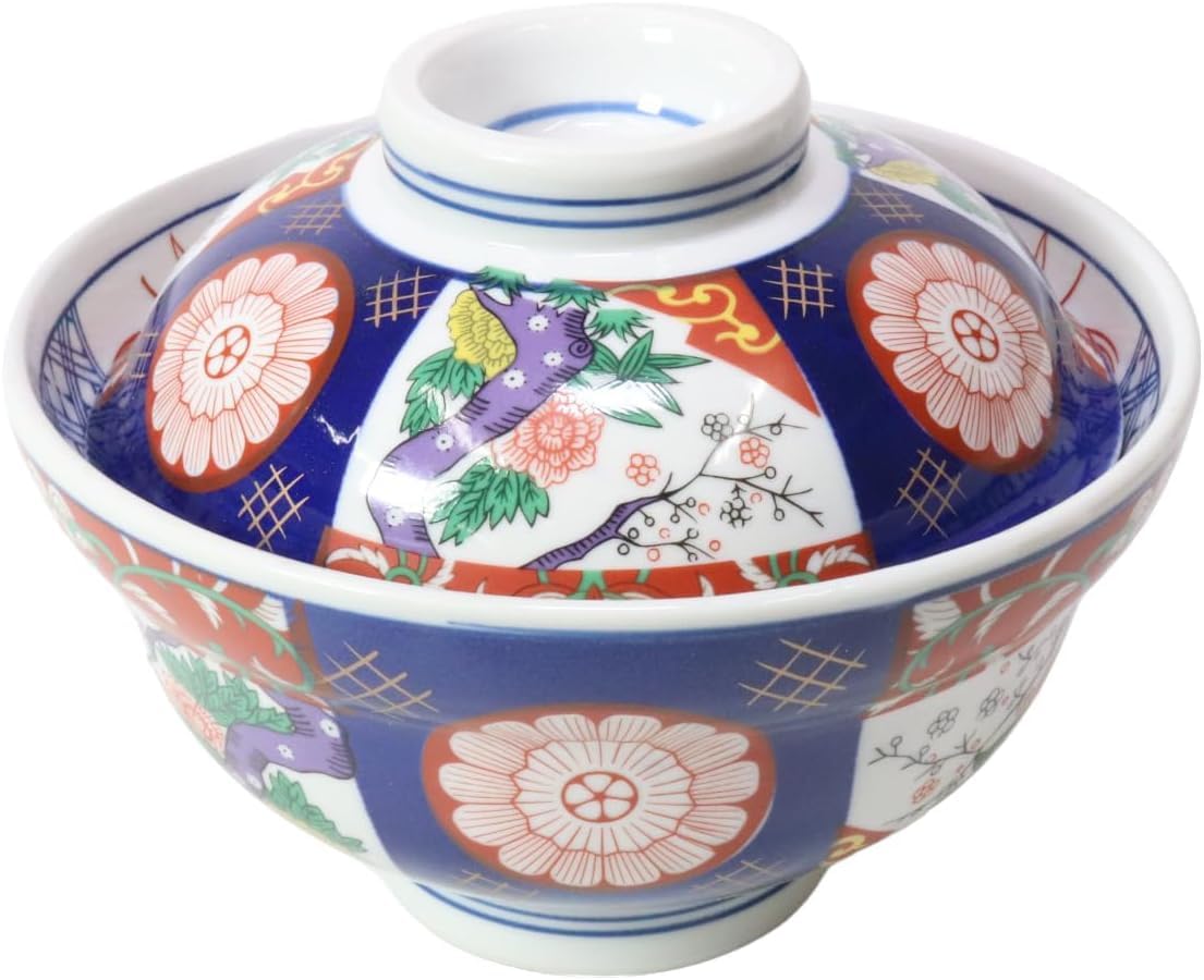 セトモノホンポ(Setomonohonpo) Japanese 6.2 Inches Diameter Porcelain Nishiki Botan Donburi Ramen Noodle Soup Rice Bowl with Lid
