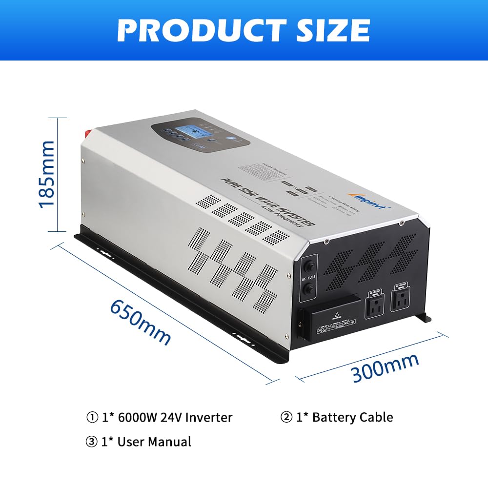 Ampinvt 6000W Peak 18000watts Pure Sine Wave Power Inverter 24V DC to AC 120V 240V Split Phase with Battery AC Charger,Off Grid Low Frequency Solar Inverter for Home