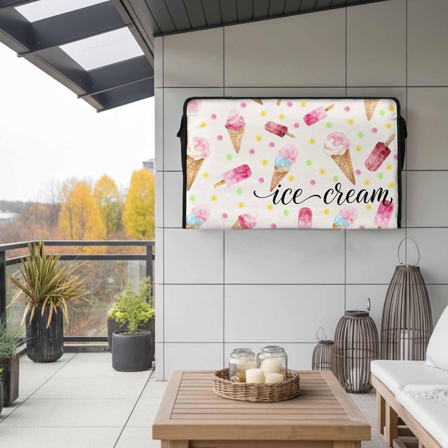 LBCASA 30 32 Inch Summer 600D 30"W 19"H 4.5"D Ice Cream Outdoor TV Cover to Weatherproof, Pink Popsicle Colorful Polka
