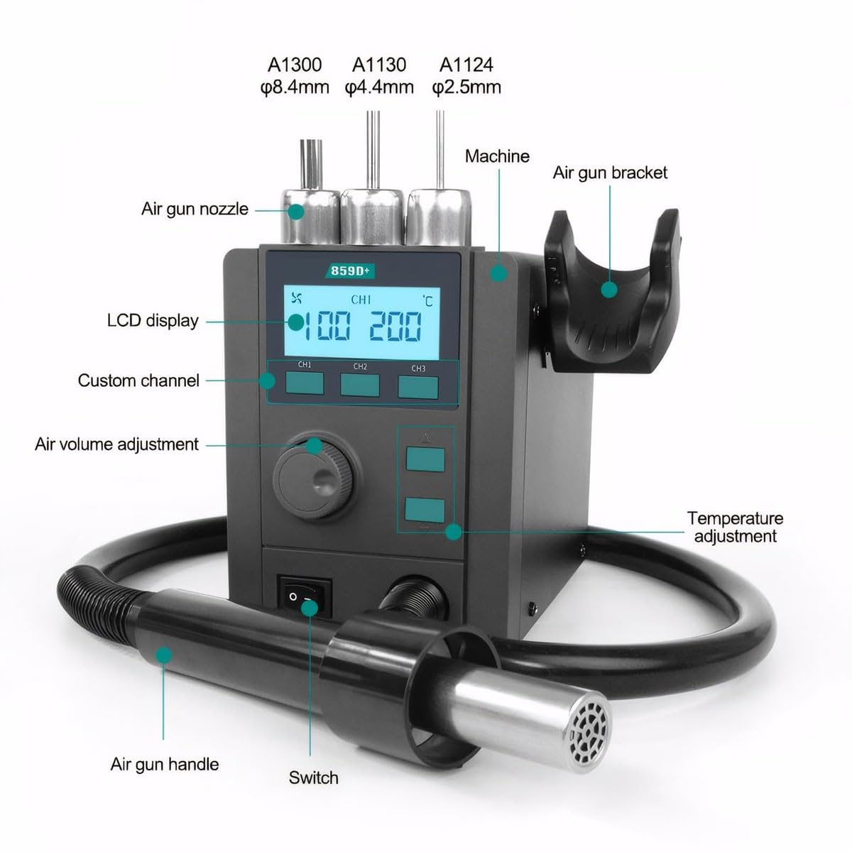 Original QUICK 859D+ Vortex whirlls wind Hot air desoldering station,580W Max 40L Air,3 channel,Precise constant temperature, SMD motherboard rework soldering station;professional QUICK heat gun