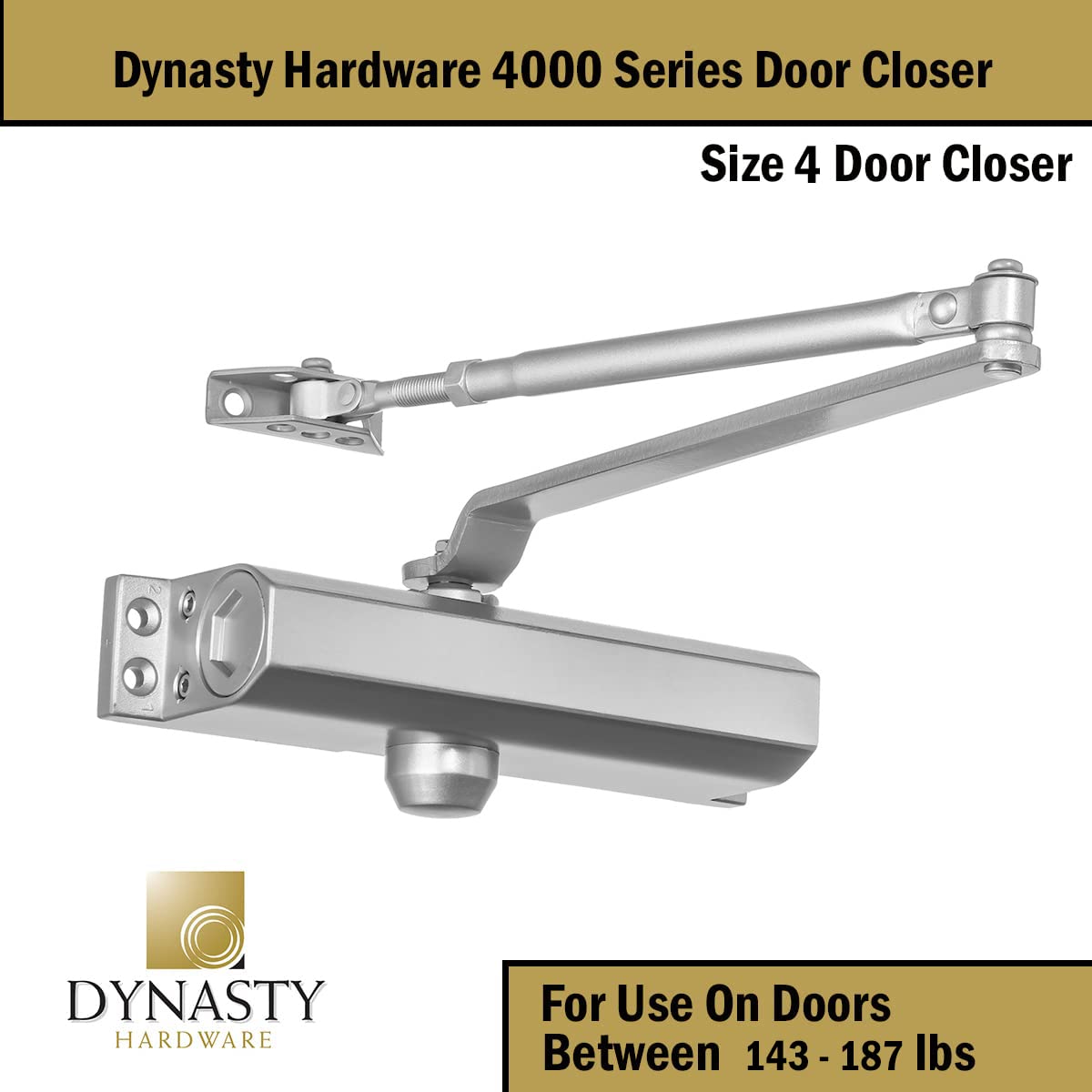 Dynasty Hardware Door Closer, Commercial Hydraulic Closer, Self-Closing, Spring Size 4, Surface Mount, Sprayed Aluminum, Series 4000