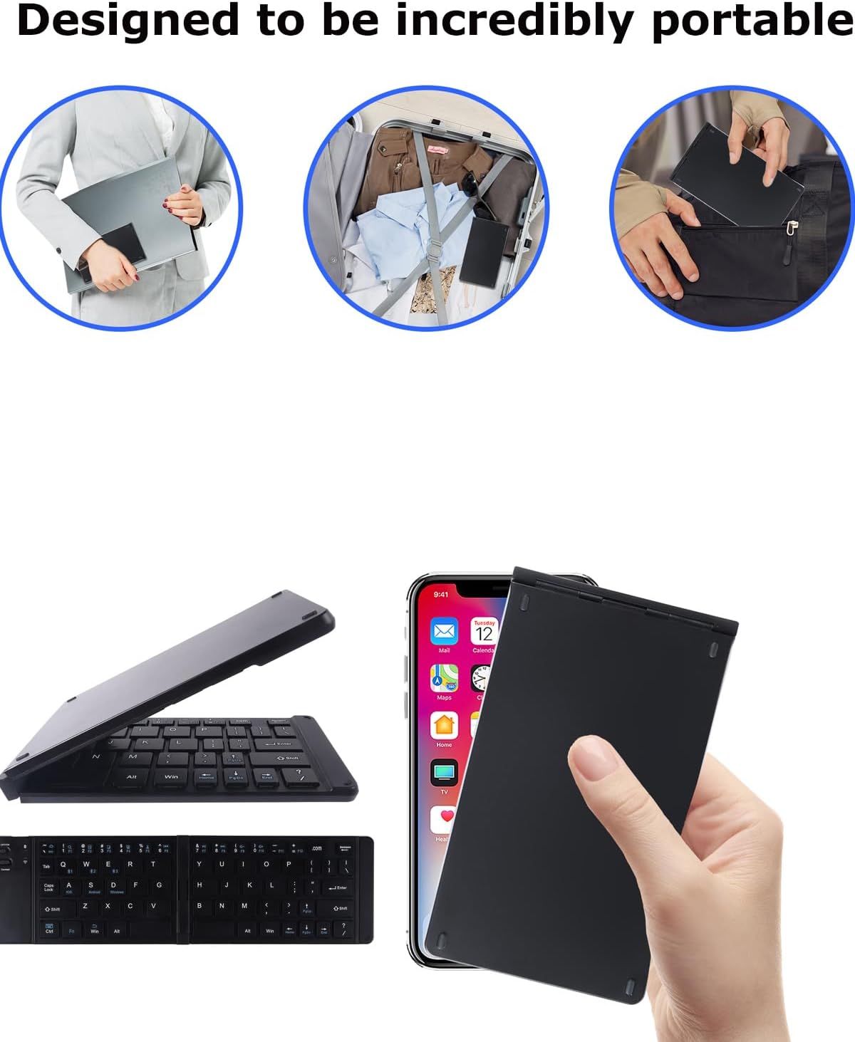 SHARE SUNSHINE Wireless Keyboard Foldable Bluetooth keyboard Slim Small Quiet Portable Compact Handheld Full Size