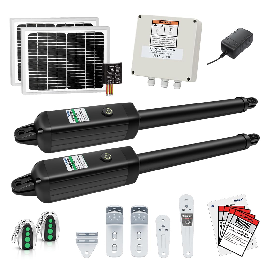 TOPENS AD5S Automatic Gate Opener Kit Medium Duty Solar Dual Gate Operator for Dual Swing Gates Up to 16 Feet or Max 550 Pounds Gate Motor Solar Panel