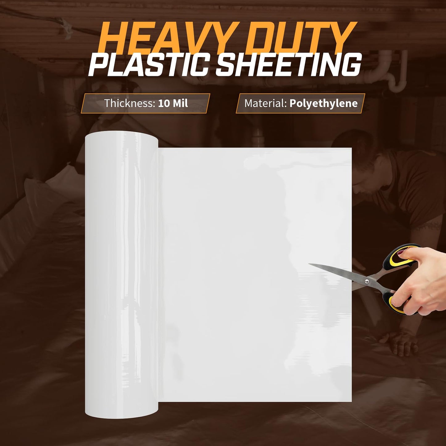 Crawl Space Vapor Barrier, 10mil Film, 10'x65', White Plastic Sheeting - Thick Plastic Sheeting, Heavy Duty Polyethylene Film, Drop Cloth Vapor Barrier Covering for Crawl Space, Garden, Basement