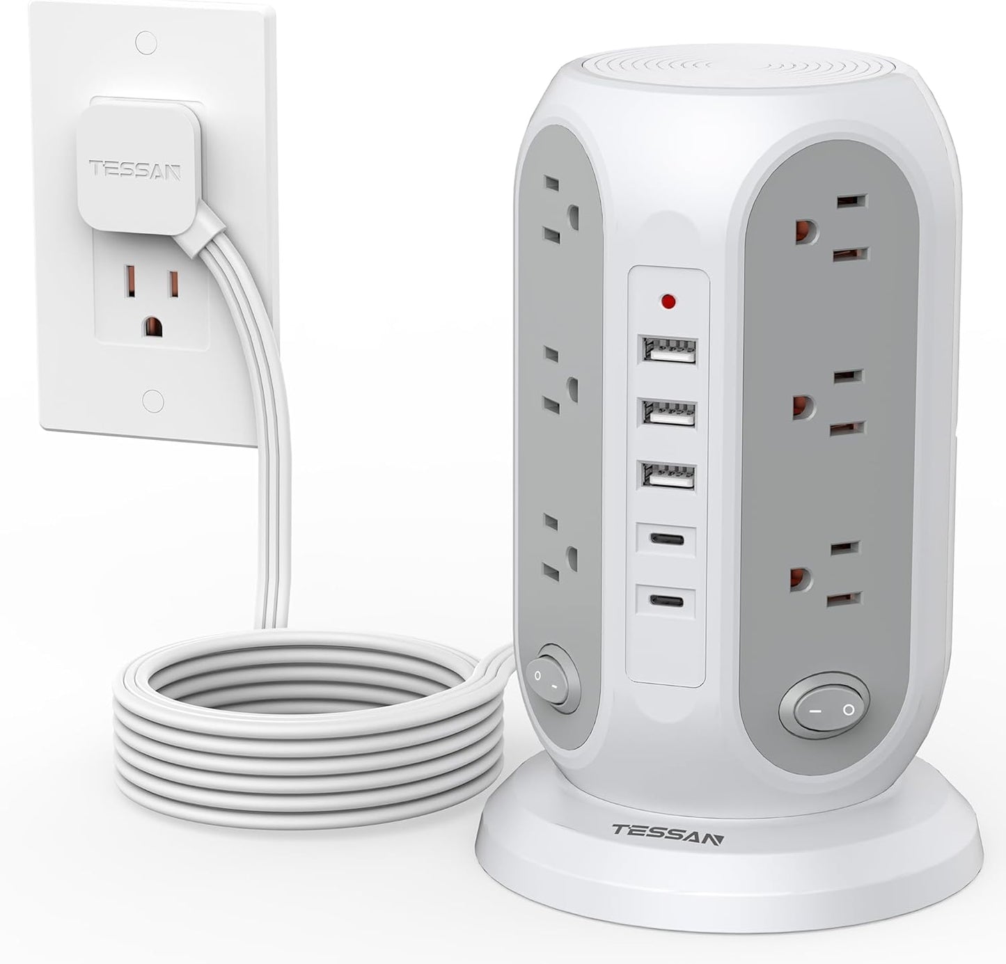 TESSAN 12 5 Ports(2 10 1250W, Tower Power Strip with Individual Switches, Surge Protector with Outlets, USB USB C)