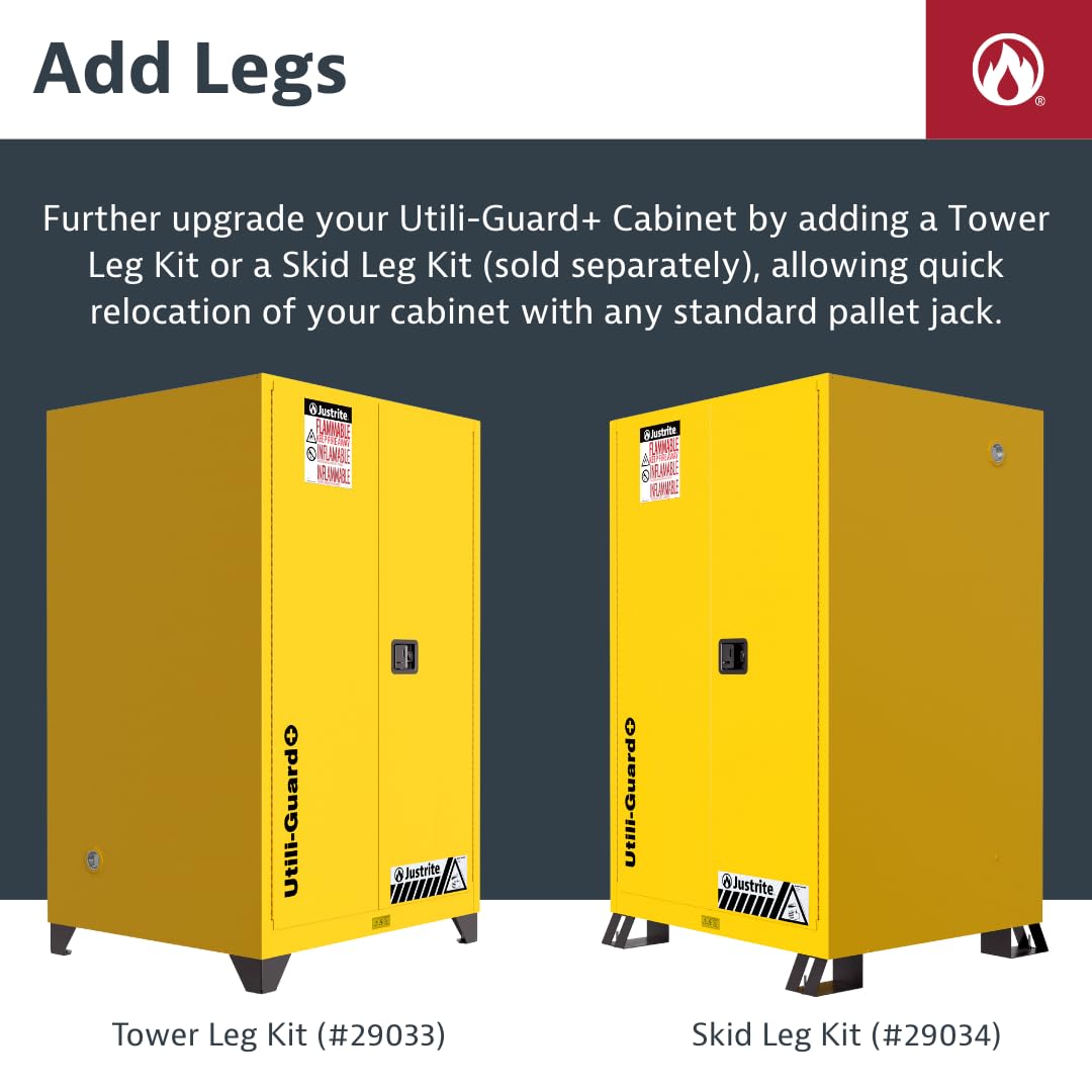 Justrite Utili-Guard 30 Gallon Self Close Flammable Storage Cabinet with 2 Shelf Accessories - 18 Gauge Steel - 2 Door Fire Cabinet - 44" x 43" x 22" - Made in The USA - Yellow - U893020