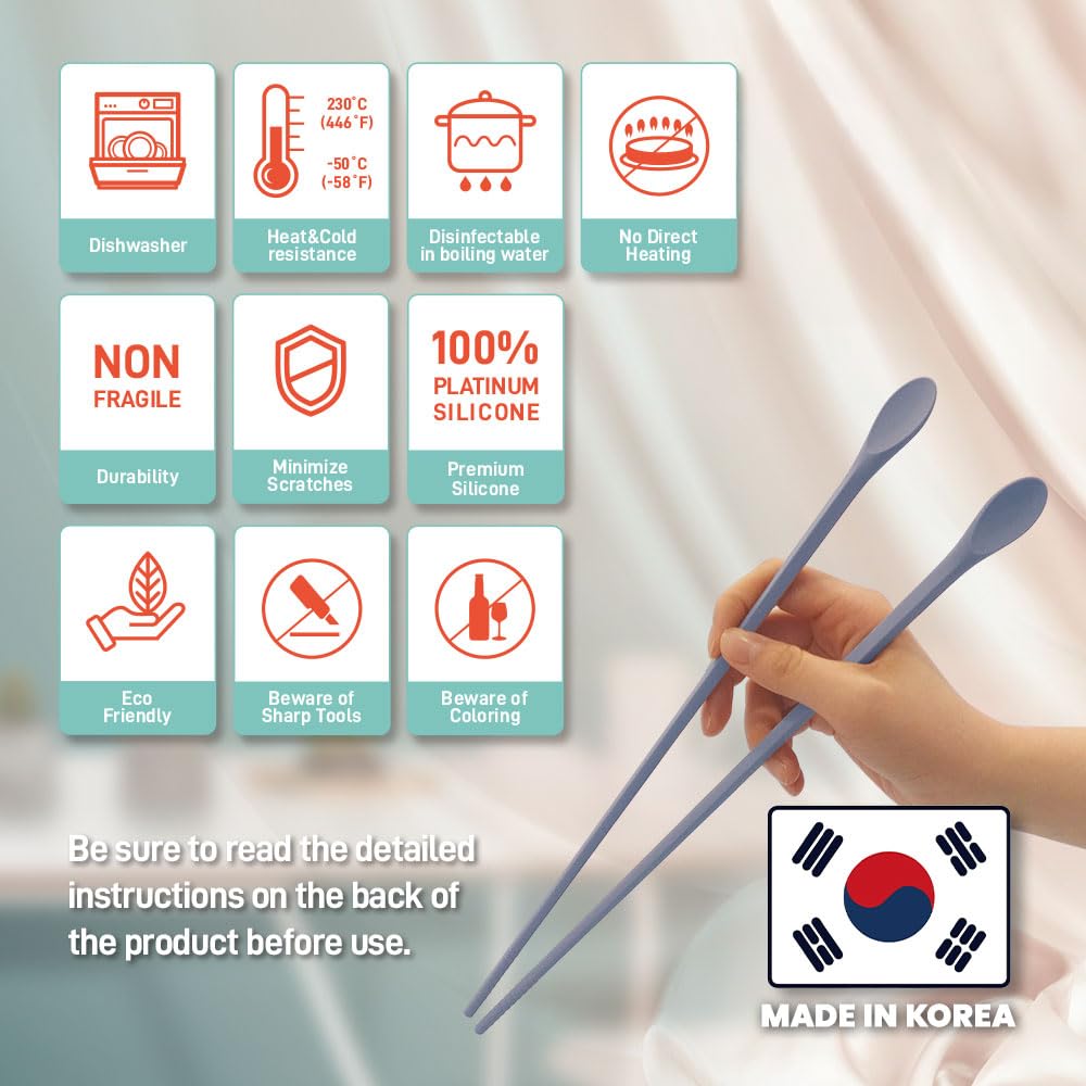RECOHOME Reusable Long Silicone Cooking Chopsticks with Spoon 12 Inches 1 Pair, Dishwasher Safe, BPA-free Non-Slip,Korea Kitchen Utensils (Pastel Blue, 1 Pair )