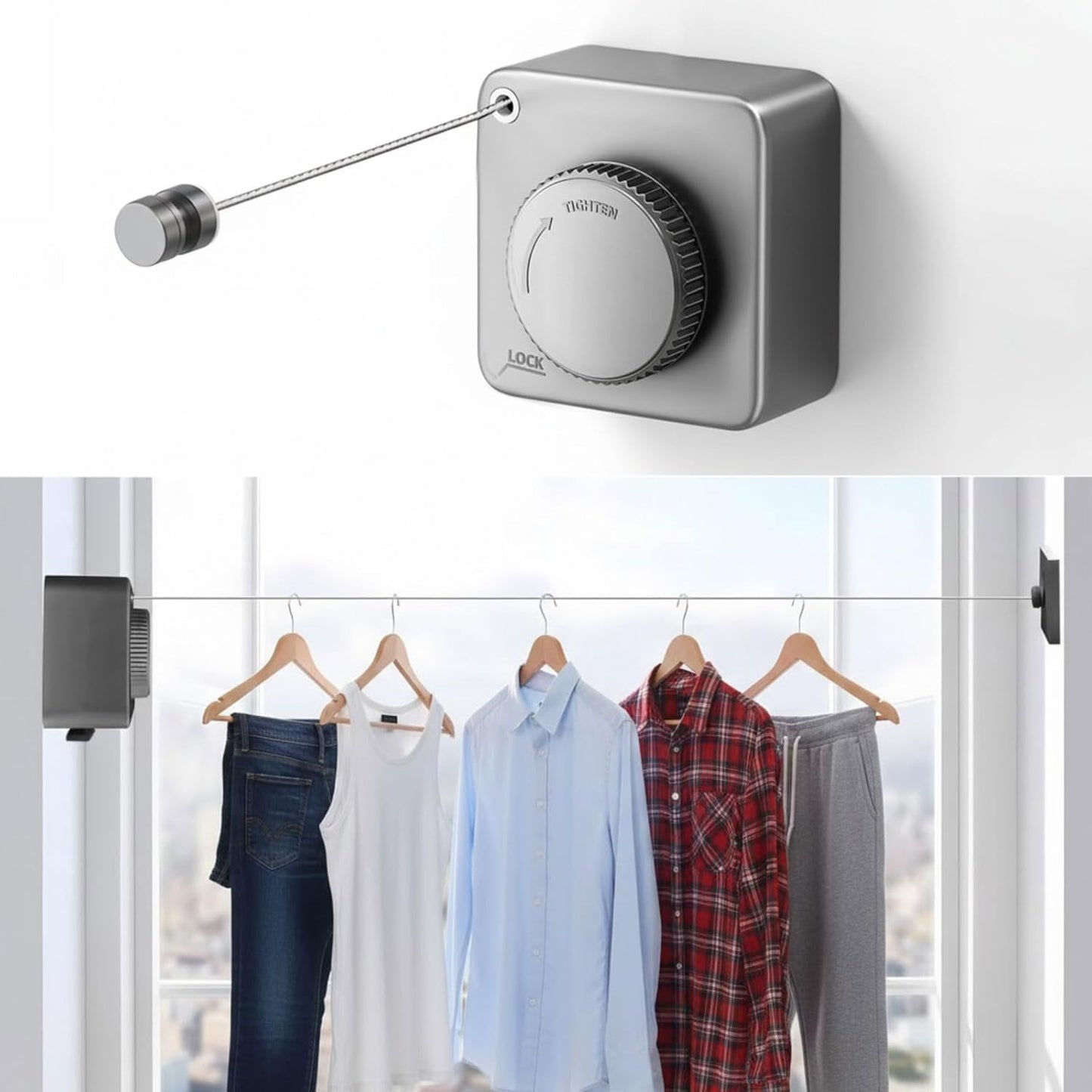 Skiennix Retractable Clothesline - 15ft Heavy Duty Drying Rope | Anti-Sag Stainless Steel for Indoor/Outdoor Use