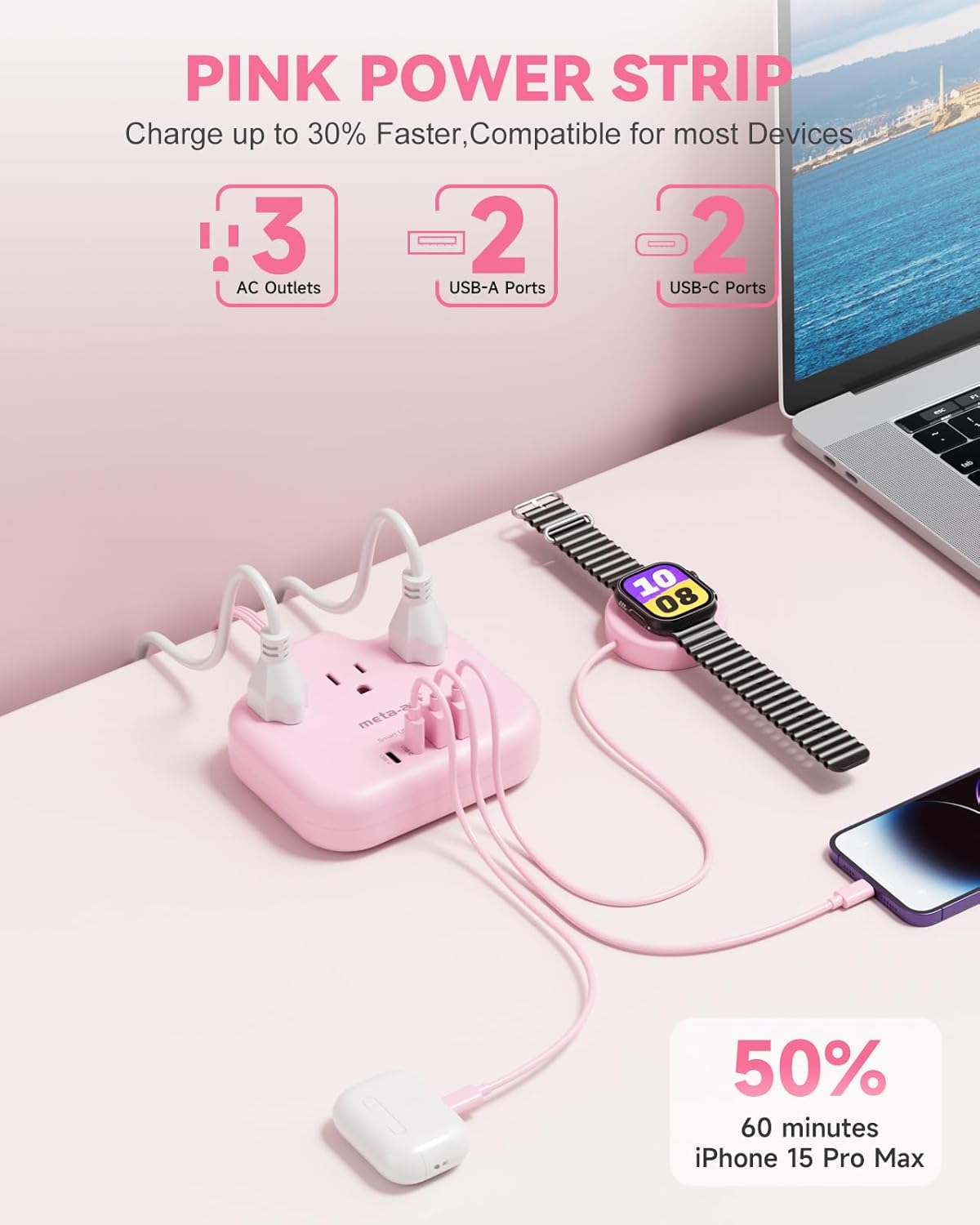 meta-ant 3 4 (2 1625W Pink Extension Cord with AC Outlets & USB Ports USB-C), Pink Desk Accessories, Cute Extension