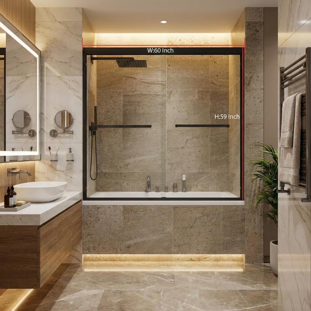 Bathtub Shower Door, 60" W x 59" H Sliding Tub Door with Dual Panels, 6mm (1/4") SGCC Tempered Glass with Explosion-Proof Film & Protective Coating, Matte Black Aluminum Alloy Frame