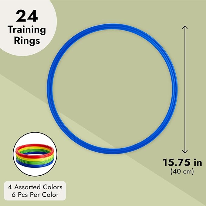 Juvale Agility Rings for Training - 24-Pack, 15.75-Inch, Red, Yellow, Blue & Green - Speed Agility Training Rings & Hula Hoops Bulk for Soccer & Football & Footwork Drills