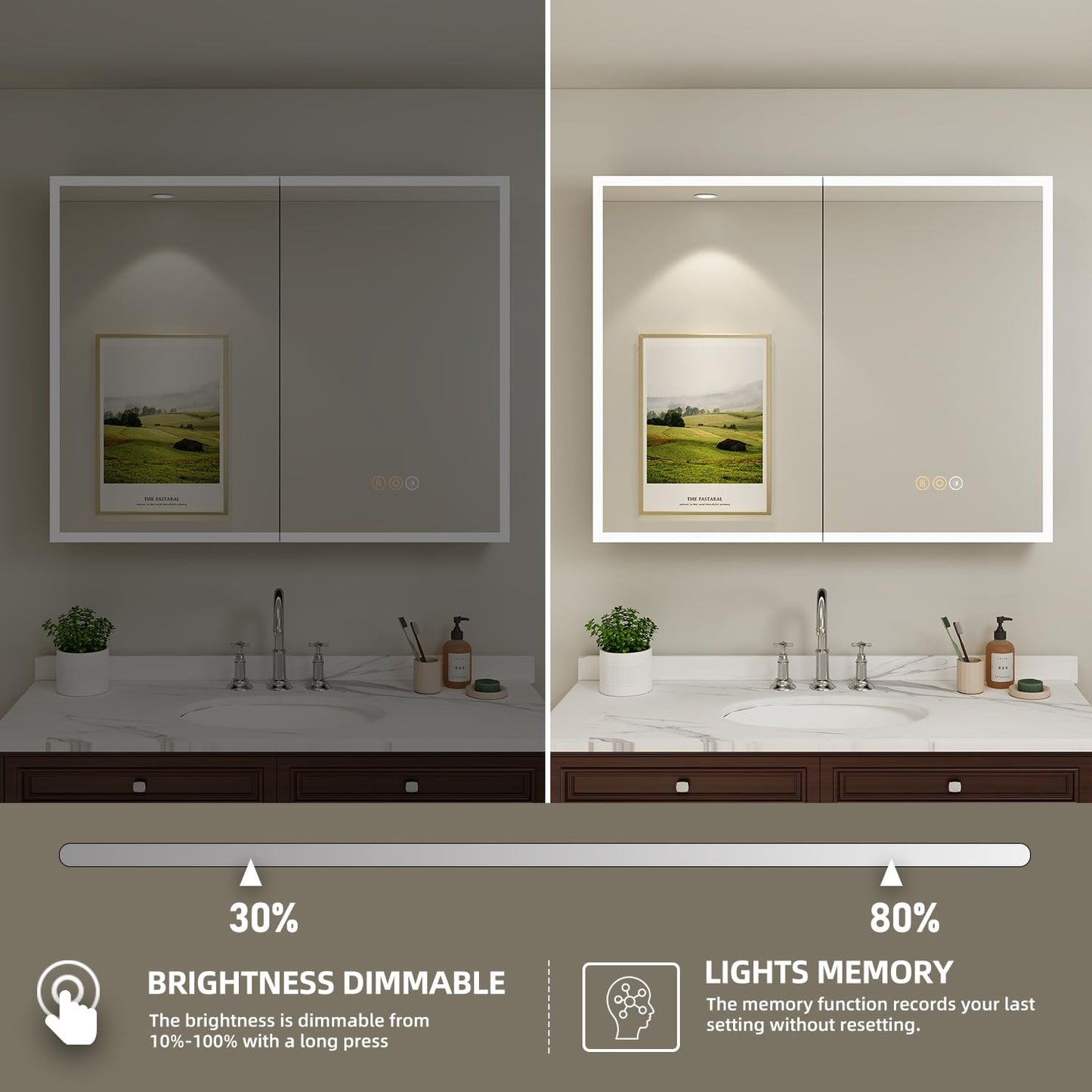 Buruis 40 x 32 Inch Medicine Cabinet with LED Lights and Mirror, Recessed/Wall Mounted Bathroom Cabinet, 3-Color Light, Defogger, Memory Function, Outlet & USB, Dimmer, Black