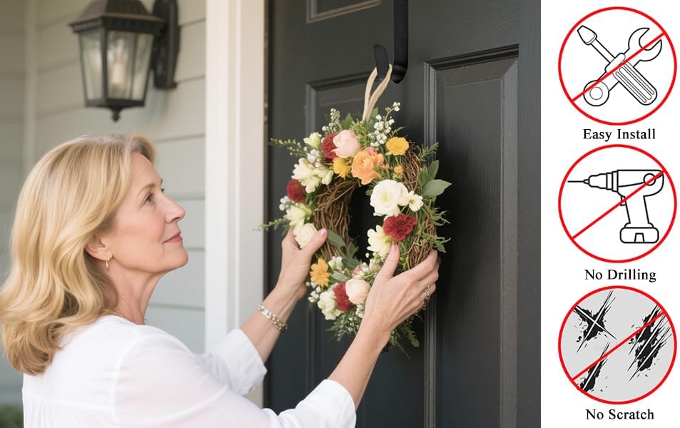Sattiyrch 15" Wreath Hanger - Sturdy Steel Over The Door Hook for Front Door (Silver, 2-Pack)