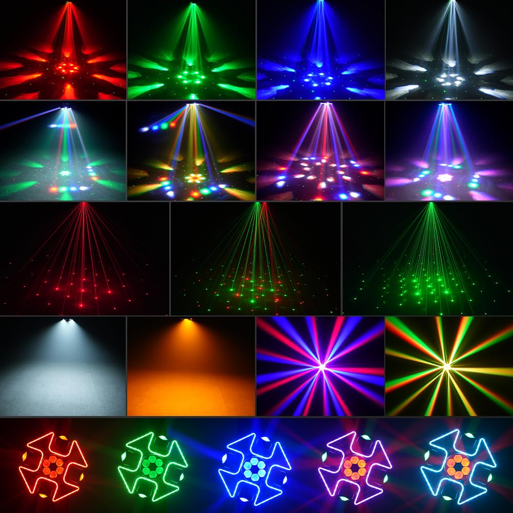 MINGJIE 4 Arm Moving Head DJ Lights, 150W RGBW LED Stage Lighting with Strobe & Bee-Eye Effect, Red/Green Starlight, DMX512,Remote Control,Sound Activated, 540°Rotation for Parties,Clubs,Disco,Bar