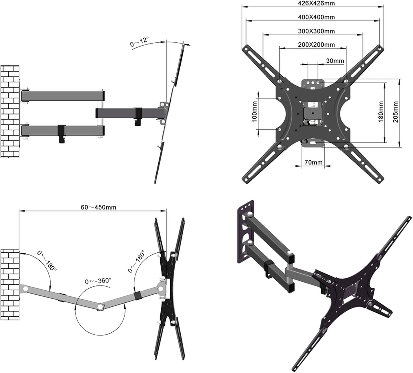 Generic 26-55" Adjustable Wall Mount Bracket Rotatable TV Stand with Spirit Level