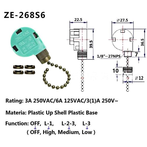 Akahttbn Ceiling Fan Switch Zing Ear ZE-268S6 3 Speed 4 Wire for Ceiling Fans and Wall Lights Pull Chain Switch Replacement,with Bronze Pull Chain