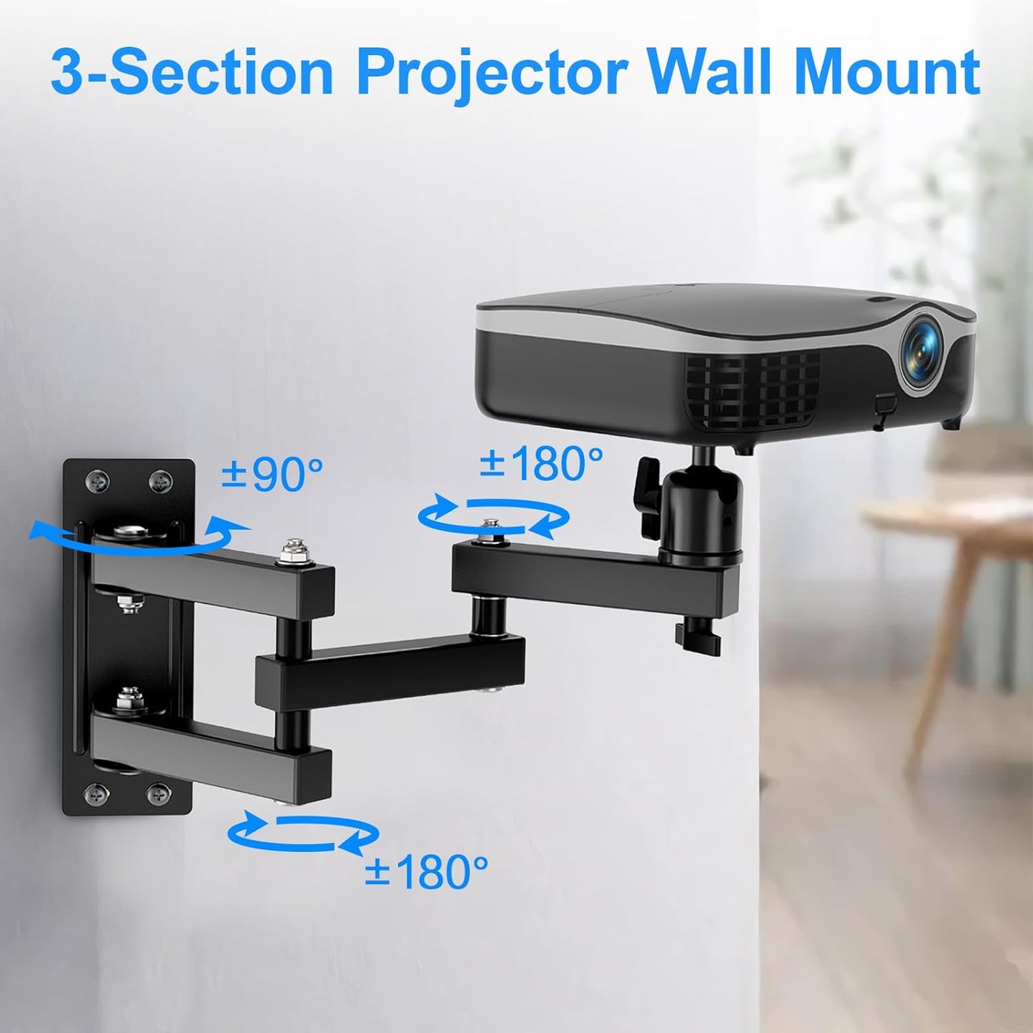 JUBOR 360 3-Sections 1/4" 14.7" Projector Wall Mount, Rotation Wall Mount for Projector Webcams with Ball Head