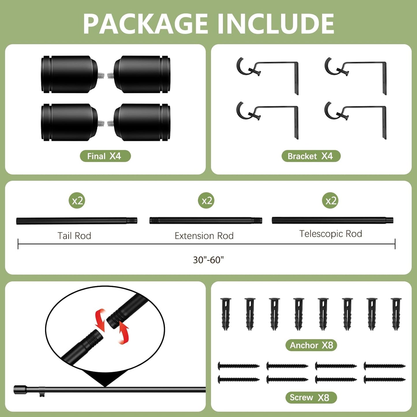 Regine Switzerland Adjustable Black Curtain Rods - 30-60 Inch for 30-54 Inch Windows | 2 Pack