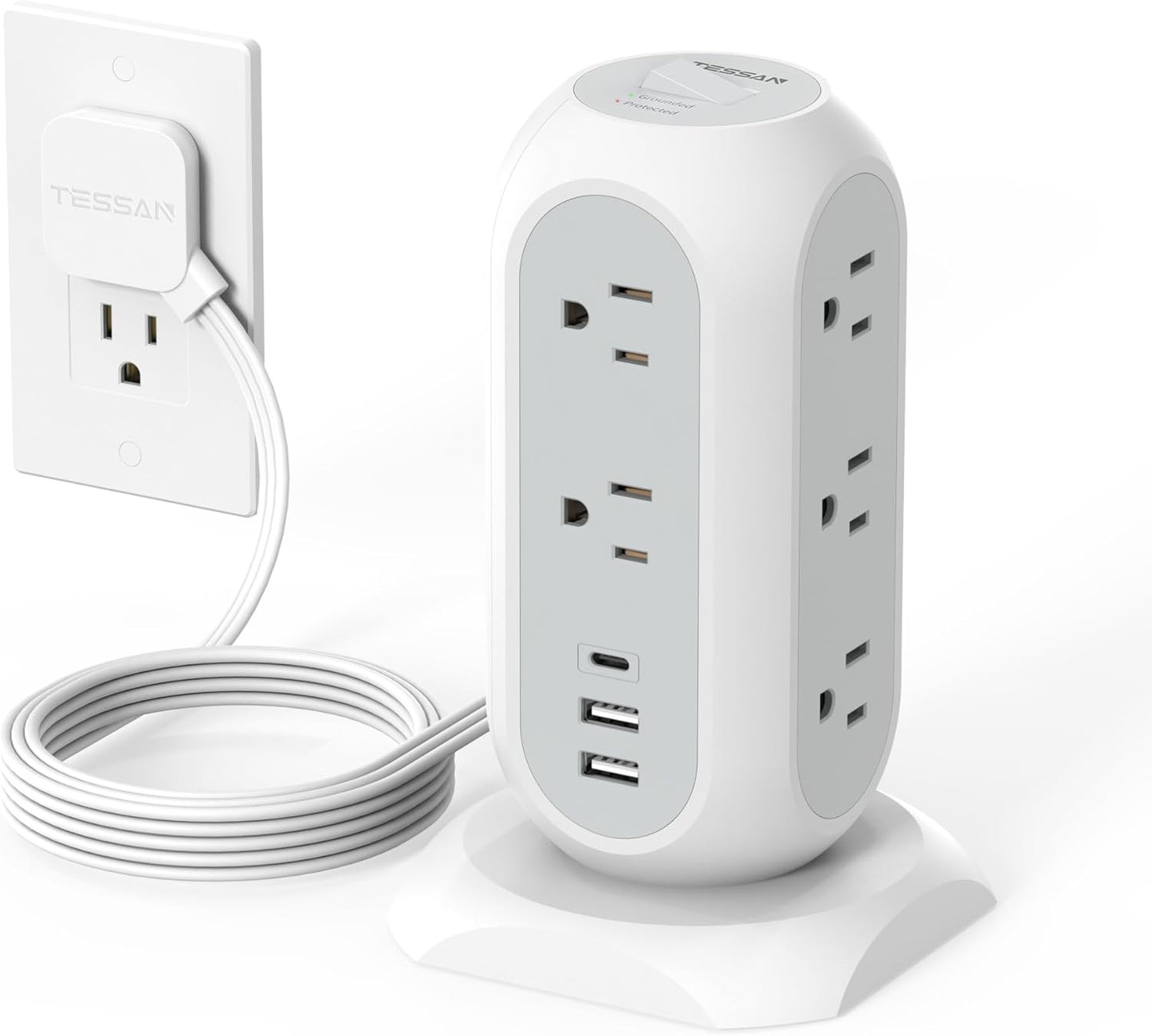 TESSAN 11 3 (1 1625W/13A,1050J 6 Tower Power Strip Flat Plug with Outlets USB USB C), Surge Protector Tower Protection