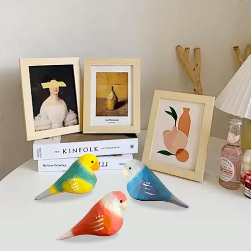 LWINGFLYER Hand-Carved Wooden Bird Figurines - Vibrant Miniature Statues for Home Decor (3PCS Parrot)