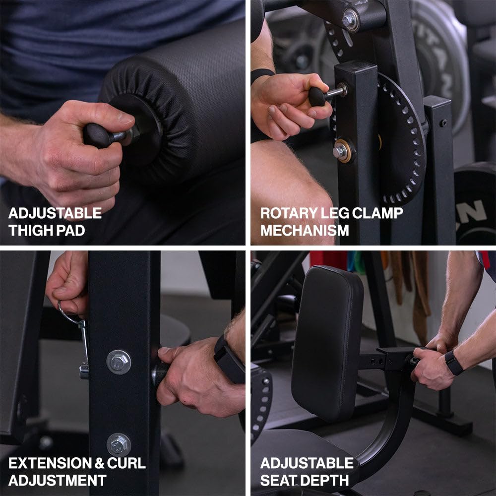 Titan Fitness Plate-Loaded Adjustable Leg Extension and Curl Machine, Rated 300 LB, Lower Body Specialty Machine for Extension and Curls, Muscle Focus on Thigh, Quads and Hamstrings