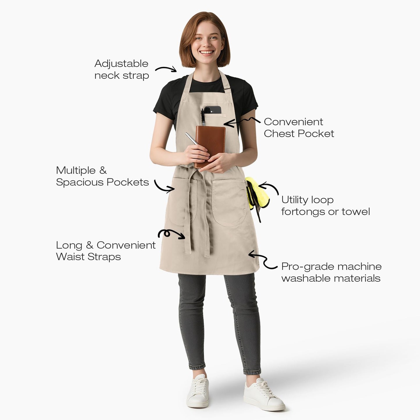 ELEGAHOUSE Unisex Apron with Pockets for Cooking, Salon & Art - 100% Cotton Adult Kitchen, Chef, Stylist Apron (Beige)