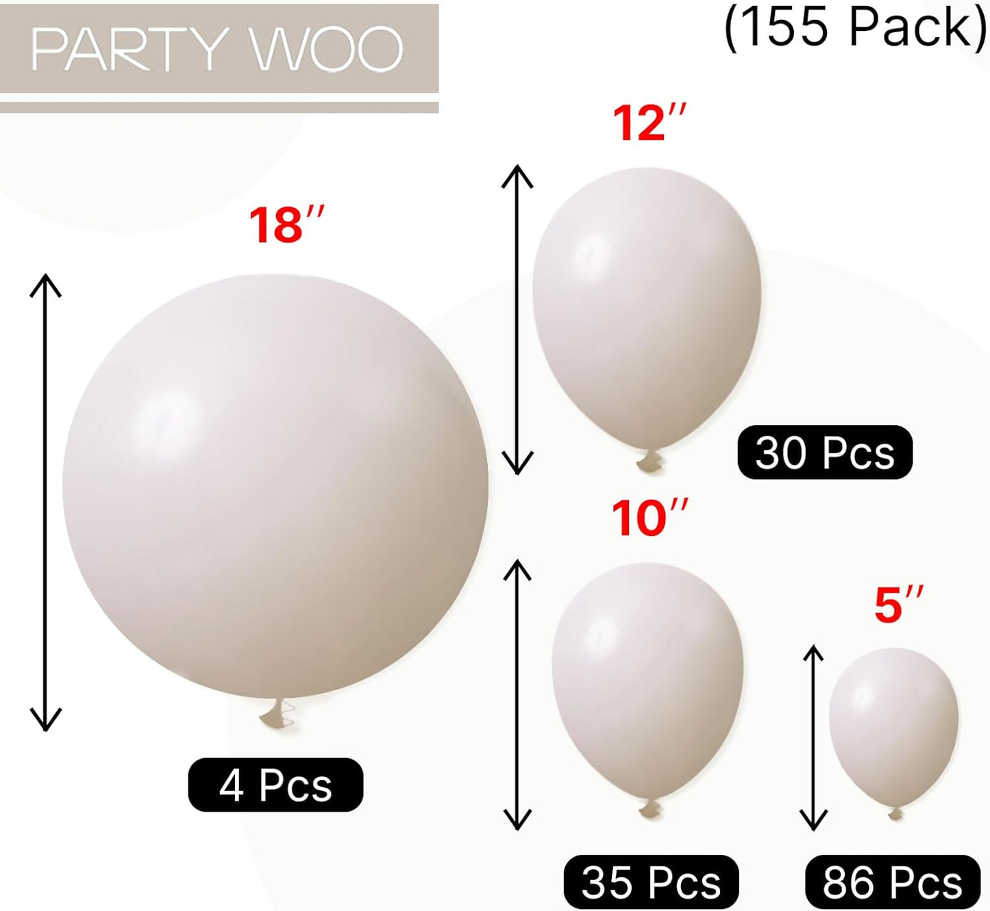 PartyWoo White Sand Balloons - 155-Piece Boho Neutral Balloon Arch Kit | 18", 12", 10", 5" Sizes for Weddings & Events