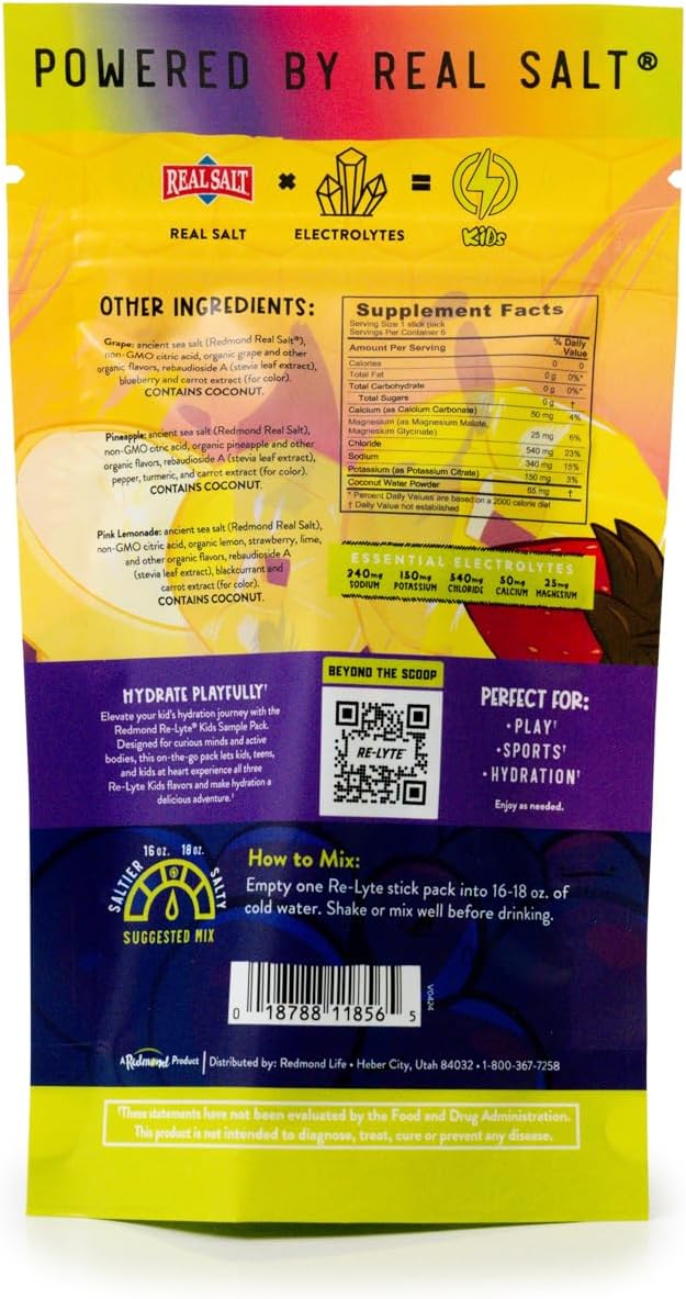 REDMOND Re-Lyte Kids Hydration Electrolyte Mix Powder, Sample Pack (6 Ct.)