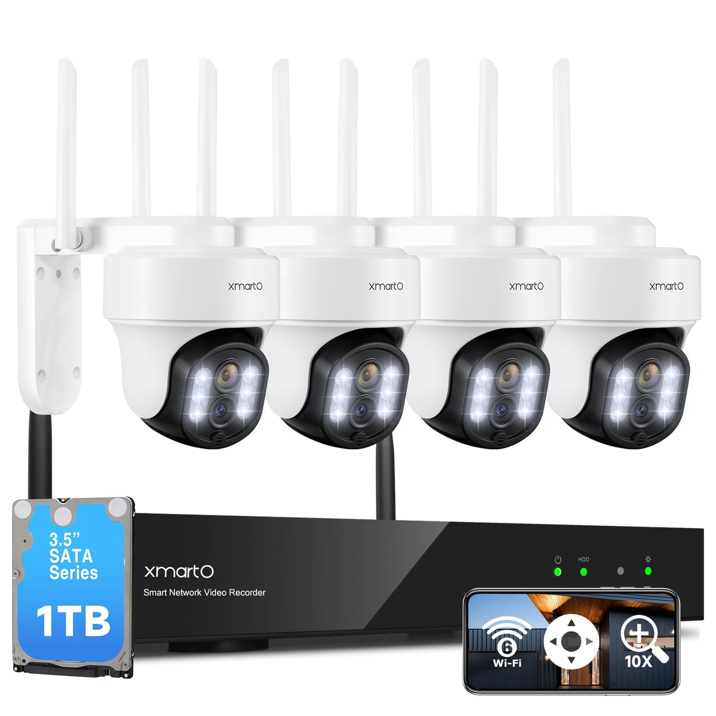 XMARTO 10X Zoom Mesh WiFi6 PTZ AI Tracking Security Camera System, 4-Cam 2K Dual Lens Kit, 10CH 4K Expandable NVR 1TB HDD, Long Range WiFi, Plug-in 24/7 Wireless Indoor/Outdoor Surveillance