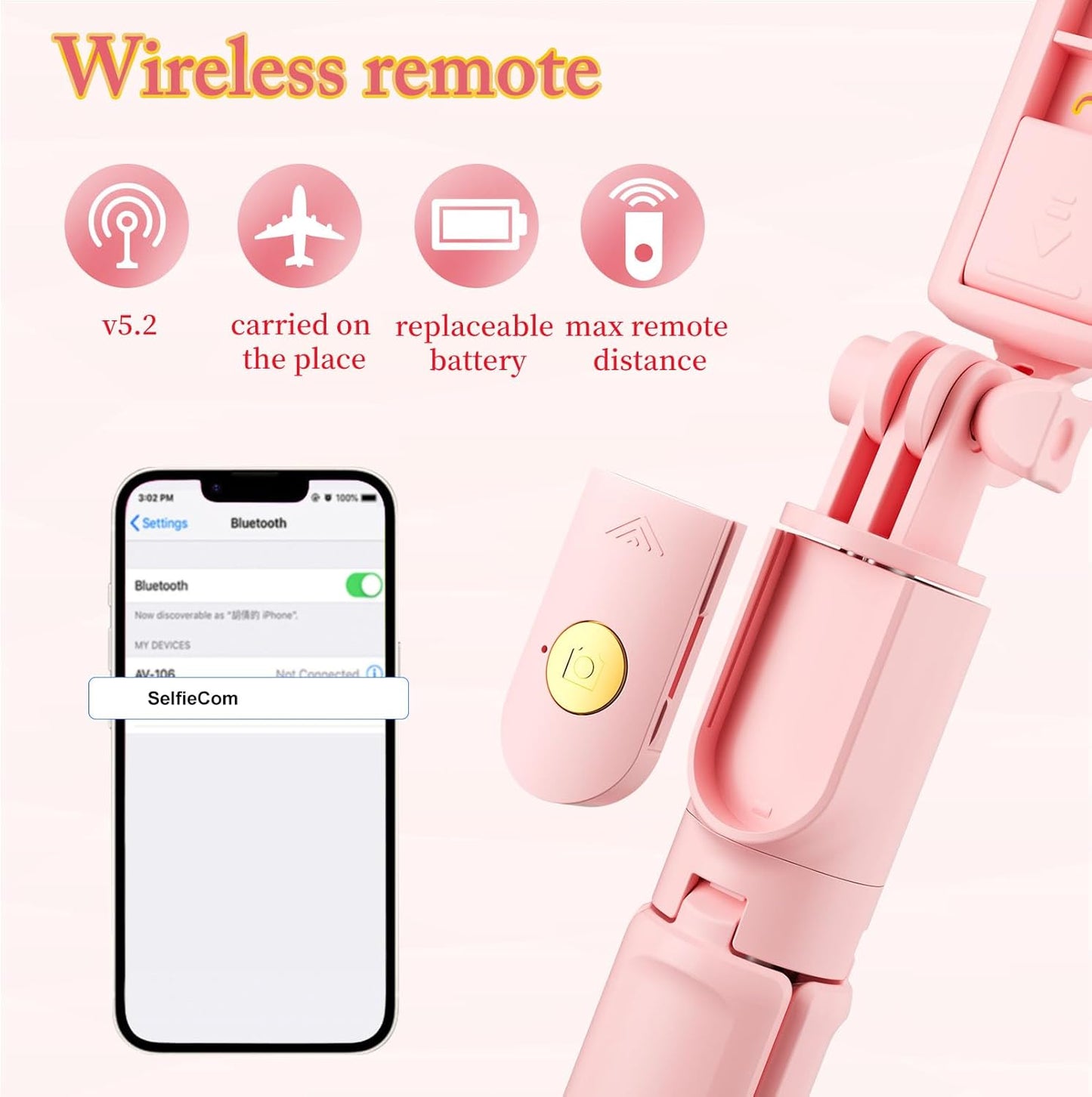 Aourxiv Pink Selfie Stick Tripod, with Wireless Remote Control, Live Streaming and Video Recording, Compatible