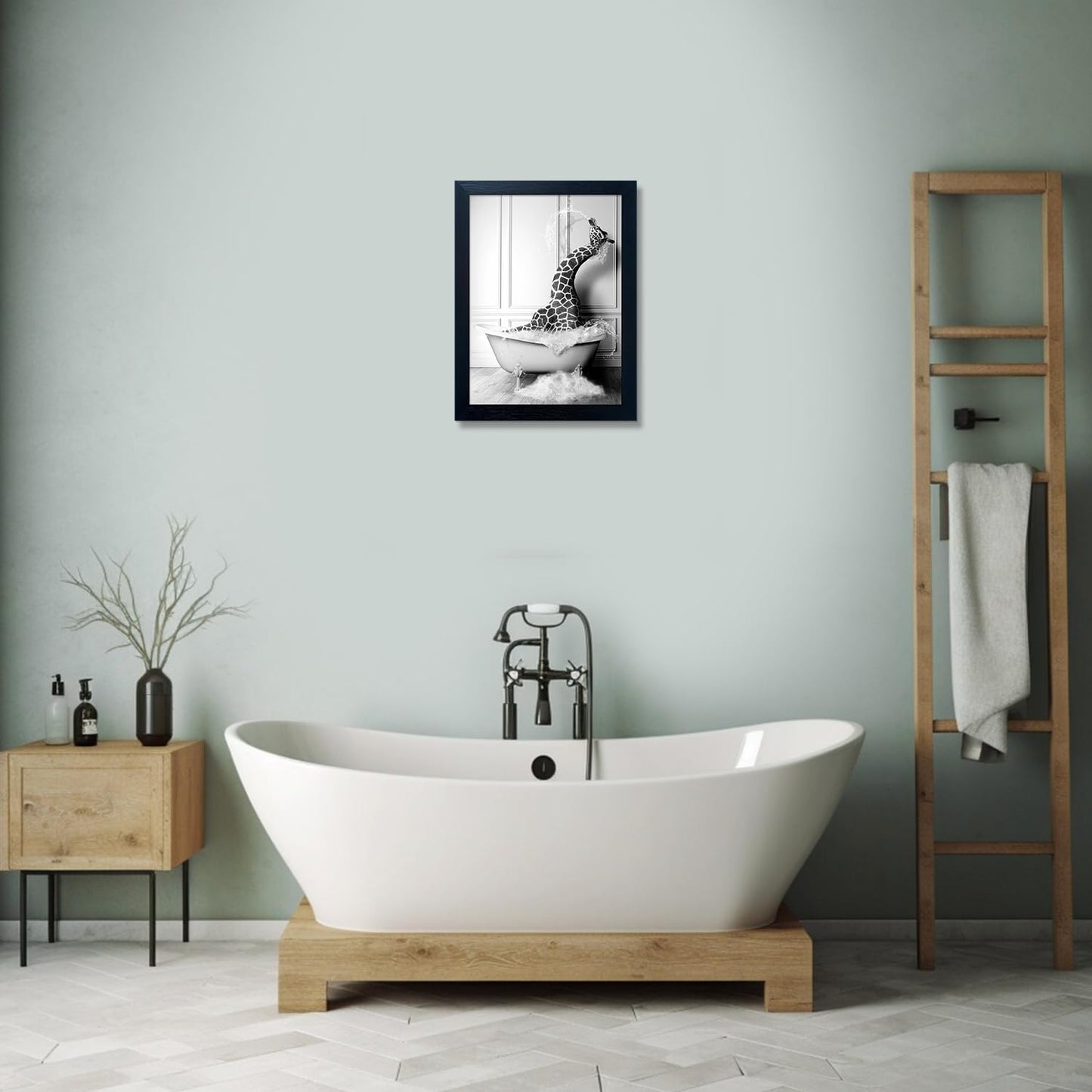 Skiennix Framed Animal Bathroom Wall Art - Funny Giraffe in Bathtub Canvas Print | Black and White Decor for Kids' Bathrooms