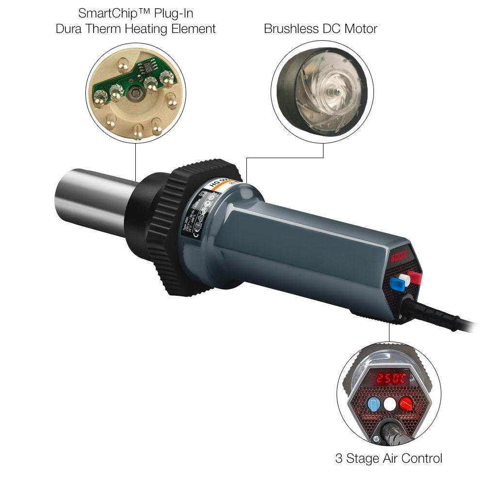 Steinel HG 5000 E Industrial Power Tool - 230 V heat gun with 28 cfm output, fully electronic temperature and airflow control, Intelligent motor and temperature control, LED temperature display showing selected and actual temperature, High Performance Hea